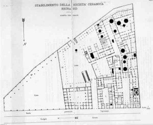 Planimetria stabilmenti e amministrazione R. Ginori, rione San Cristoforo 1870. La via Morimondo e nel lato superiore della pianta (il Nord è verso il basso). (inserito il 26/11/16)