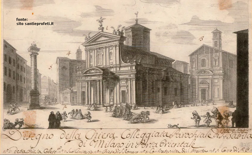 Chiesa di San Babila (al centro) 1750 circa. A sinistra la Chiesa di Santa Maria a destra la Schola di Santa Marta (ex Cappella di S. Biagio)