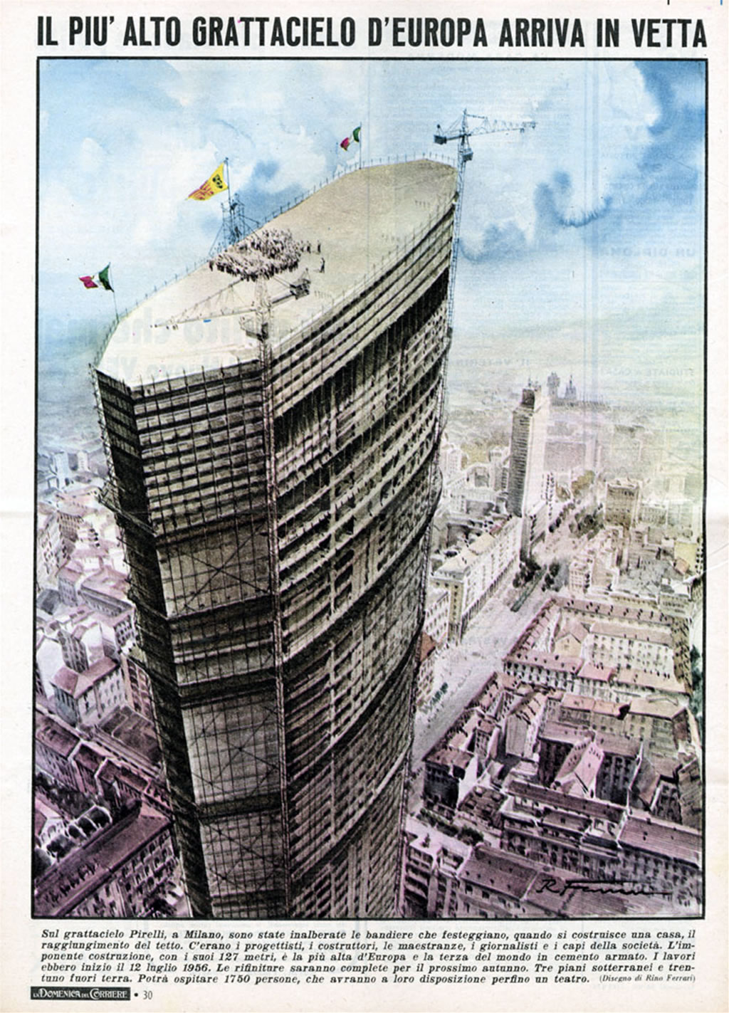 Riproduzione grafico pittorica del grattacielo Pirelli in costruzione (anno 1959) (da blog.urbanfile.org)