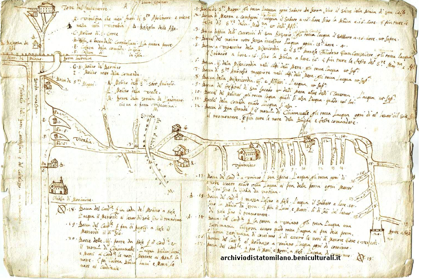 Cartografia manoscritta Canale della Vettabbia, Secolo XVI, dal Canale Molino delle Armi alla confluenza col Redefossi a Chiaravalle.