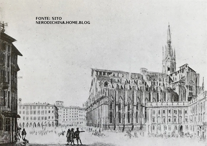 Piazza Duomo 1908 (Regno Lombardo-Veneto). Veduta laterale della Cattedrale con una facciata non ancora ultimata nella veste odierna (completamento verso il 1830). Illustrazione di G.Galliano.