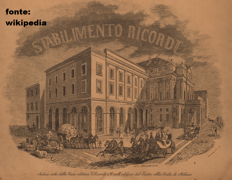 Piazza della Scala, omonimo Teatro, 1844-50 circa avvio produzione cartellonistica, protopubblicitaria Office Grafiche Ricordi. Aoorofondimenti: https://www.magnanirocca.it/arte-e-imprenditoria-officine-grafiche-ricordi/
